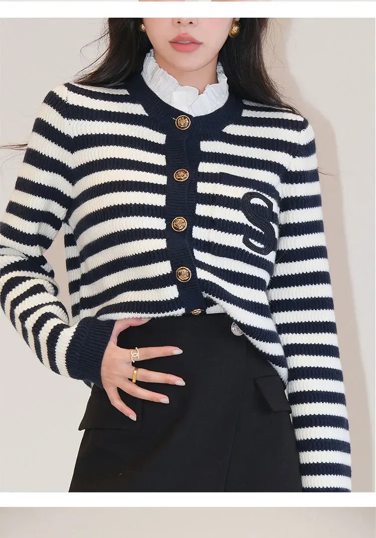 Knit Cardigan Coat Women Stripe Sweater Ruffles Collar Luxury Designer