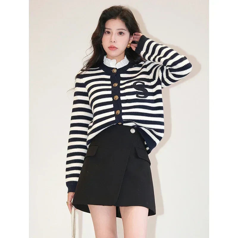 Knit Cardigan Coat Women Stripe Sweater Ruffles Collar Luxury Designer