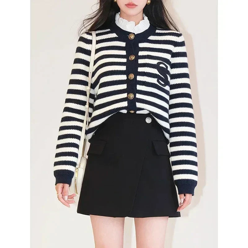 Knit Cardigan Coat Women Stripe Sweater Ruffles Collar Luxury Designer