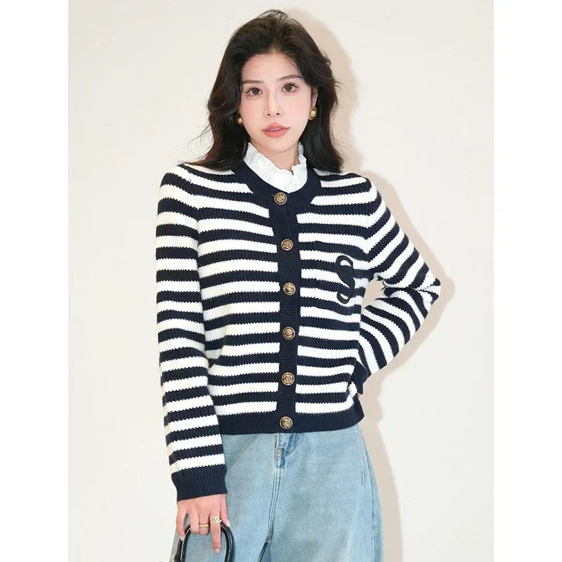 Knit Cardigan Coat Women Stripe Sweater Ruffles Collar Luxury Designer