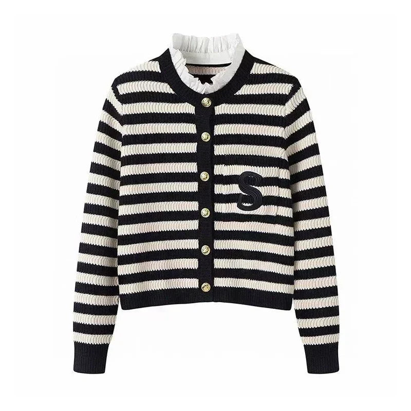 Knit Cardigan Coat Women Stripe Sweater Ruffles Collar Luxury Designer