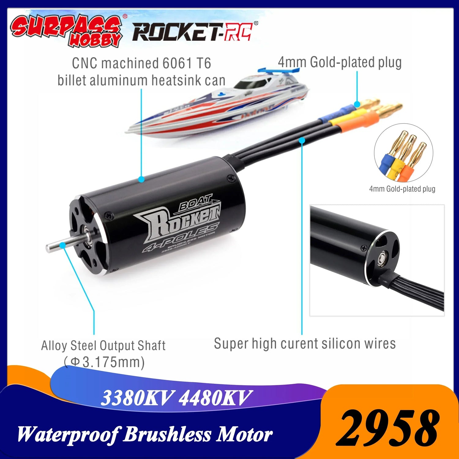 Surpass Hobby Rocket 2958 3380KV 4480KV Waterproof Brushless Motor 3