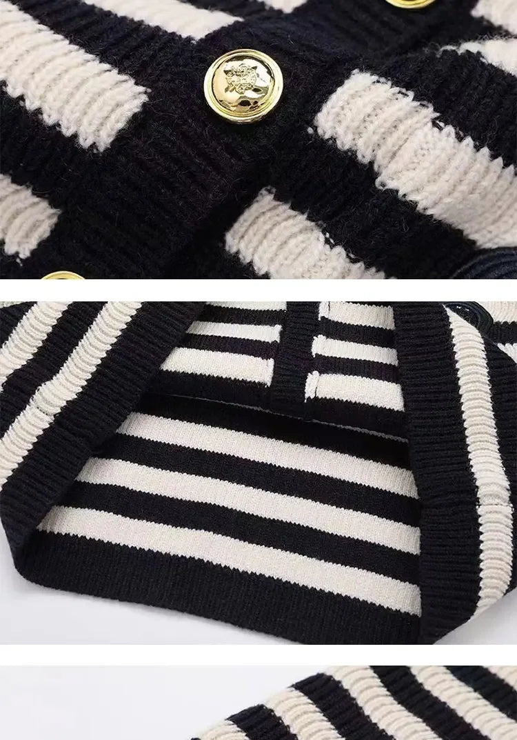 Knit Cardigan Coat Women Stripe Sweater Ruffles Collar Luxury Designer