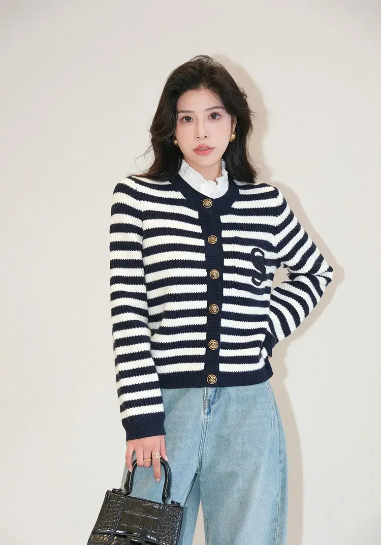 Knit Cardigan Coat Women Stripe Sweater Ruffles Collar Luxury Designer