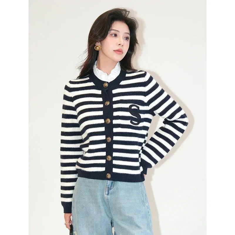 Knit Cardigan Coat Women Stripe Sweater Ruffles Collar Luxury Designer