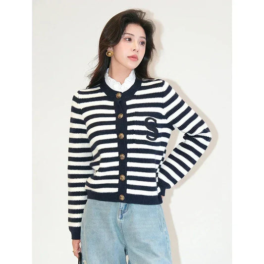 Knit Cardigan Coat Women Stripe Sweater Ruffles Collar Luxury Designer