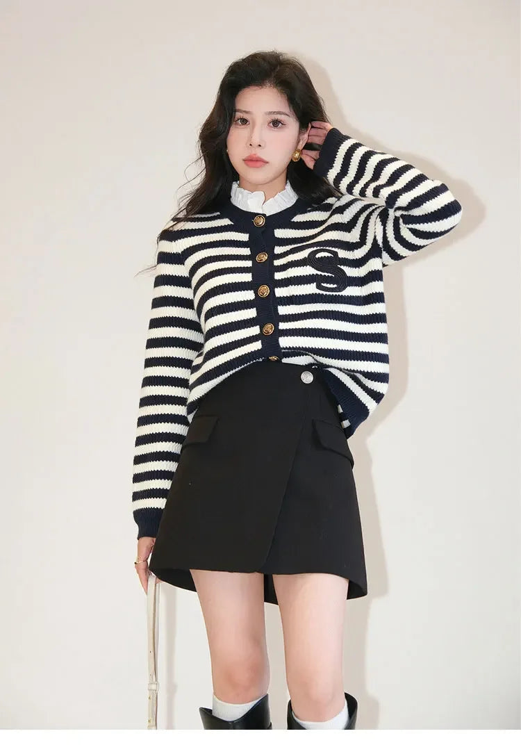 Knit Cardigan Coat Women Stripe Sweater Ruffles Collar Luxury Designer