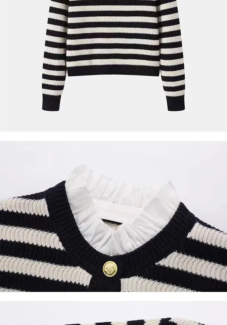 Knit Cardigan Coat Women Stripe Sweater Ruffles Collar Luxury Designer