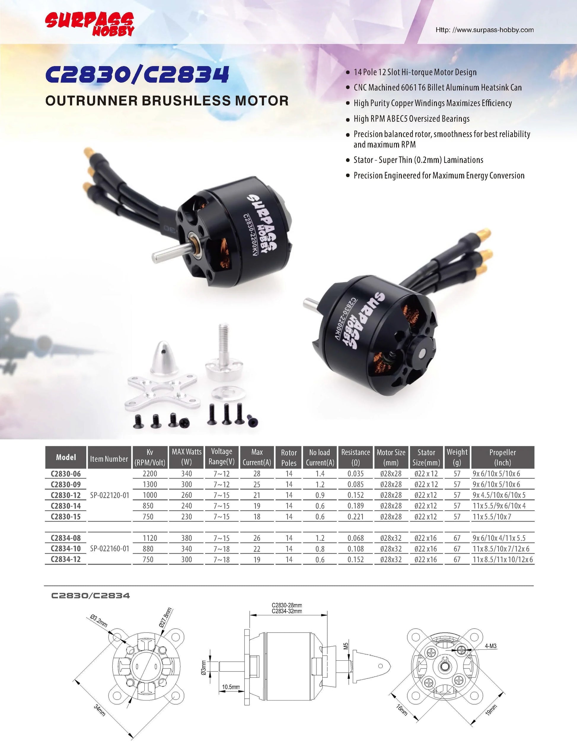 Surpass Hobby 2830 750KV 850KV 1000KV 1300KV 14 Pole Brushless Motor