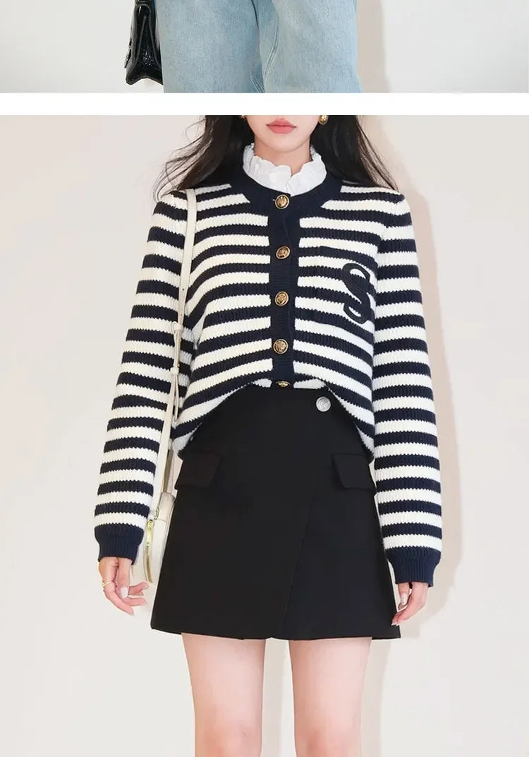 Knit Cardigan Coat Women Stripe Sweater Ruffles Collar Luxury Designer