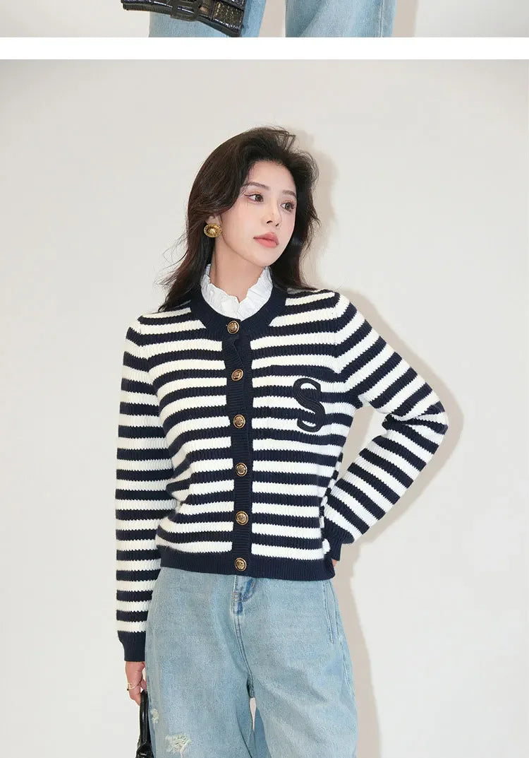 Knit Cardigan Coat Women Stripe Sweater Ruffles Collar Luxury Designer