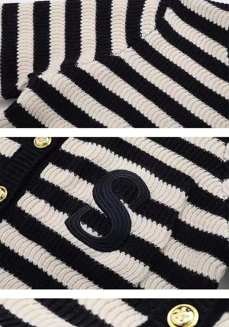 Knit Cardigan Coat Women Stripe Sweater Ruffles Collar Luxury Designer